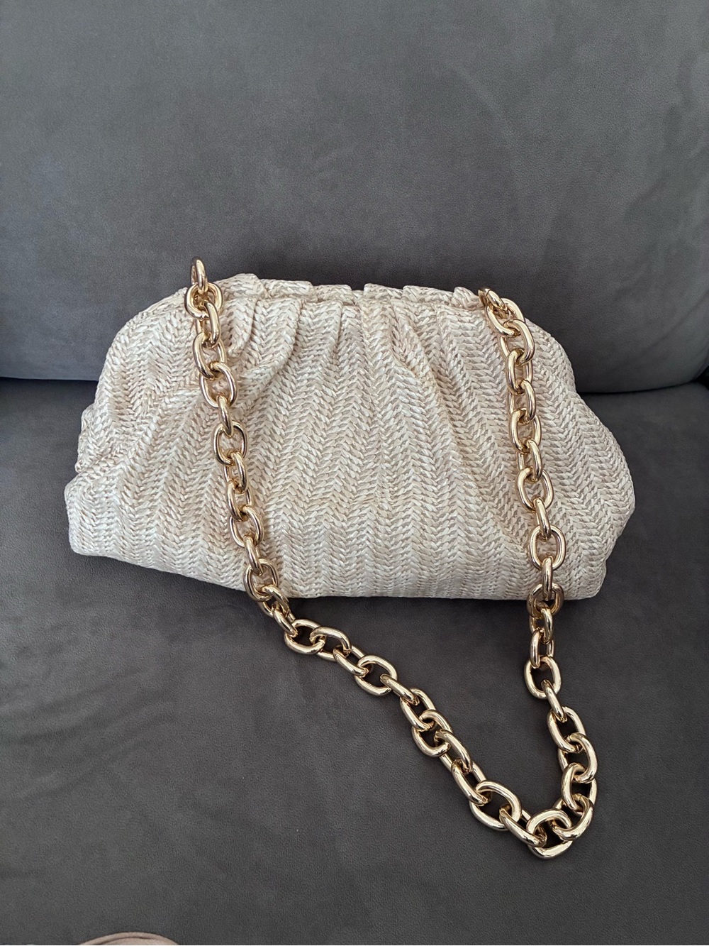 Tuckernuck Natural Raffia Shoulder Bag/Clutch with Gold Chain Strap
